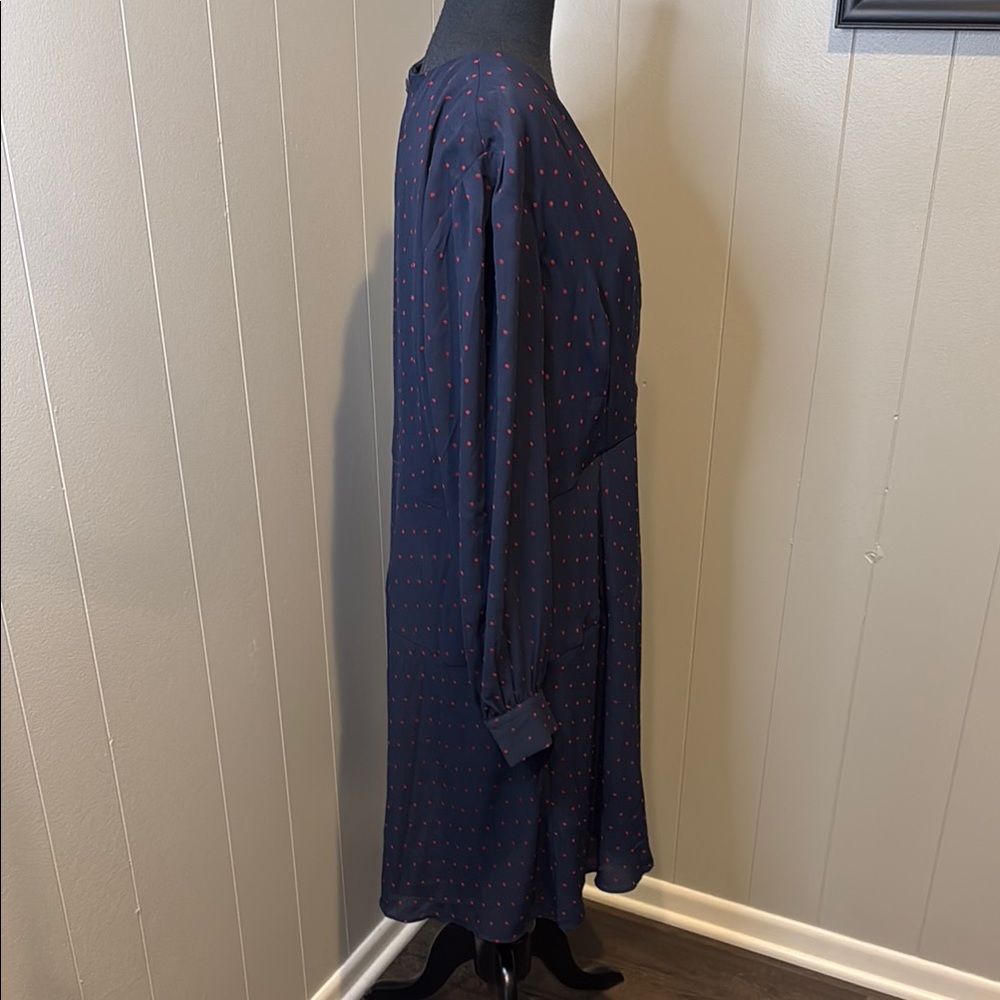 B7 Ann Taylor Women’s 14 Dark Blue Midi Dress with Red Polka Dots - Picture 3 of 5